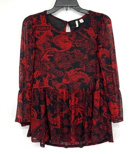 Cato Top Womens Size Small Red Black Floral Paisley Print Bell Sleeve Mesh - Picture 1 of 10