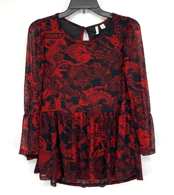Top Cato para mujer talla pequeña rojo negro estampado floral cachemir manga campana malla Foto 1 de 4