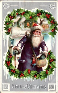 BABBO NATALE IN ABITO VIOLA CON BAMBOLE - CARTOLINA NATALE NATALIZIA 1908 IN RILIEVO - Foto 1 di 2