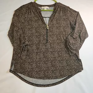 Michael Kors Womens Top Shirt Brown Animal Print 1/2 Zip Front Long Sleeves Med - Picture 1 of 23
