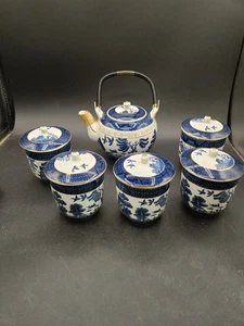 VTG. Nikko Blue Willow Ironstone Teapot w/ 5 Handless Teacups & Lids Japan - Picture 1 of 10