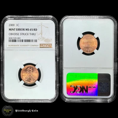2000 1C Lincoln Memorial Cent Obverse Struck Thru Mint Error NGC MS65 RD - Image 1 of 3