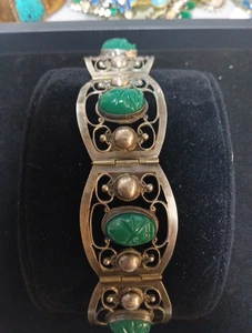 VINTAGE TAXCO MEXICO STERLING SILVER & JADE FILIGREE BRACELET CJC K2-2 (2) - Picture 1 of 4