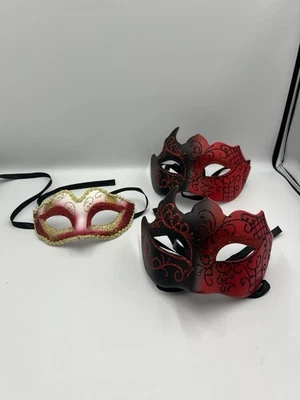 3 Masquerade Masks Red Black Gold Glitter Venetian Party Costume - Image 1 of 4