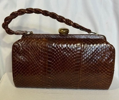 Vintage Snake Skin Purse Unbranded Brown Top Clasp Twisted Handle Inside Pocket - Image 1 of 4