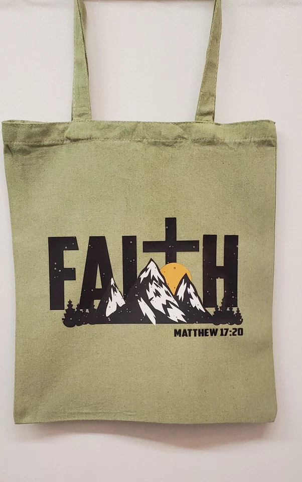 Olive Green Tote Bag Faith Matthew 17:20 Bible verse mountains Large custom  - Image 1 of 1
