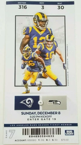 2019 Los Angeles Rams Seattle Seahawks NFL Football Full Ticket Stub Cover