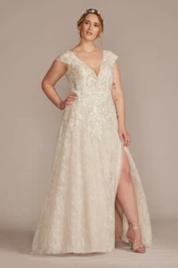 Melissa Sweet Ivory Cashmere Beaded Lace Cap Sleeve Slit Wedding Dress 26W $1099 - Picture 1 of 3
