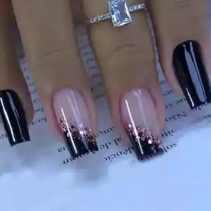 24pcs Press on Nails BLACK/PINK Medium SQUARE Glossy + Glue gel + nail file - Picture 1 of 2