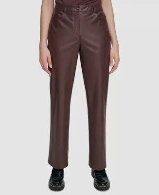 Calvin Klein Women's Brown X-Fit Faux-Leather Mid-Rise Straight-Leg Pants Size 6 - Image 1 of 3