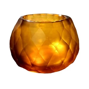 Coppia Battuto Ambra Vetro Soffiato a Mano Molatura Superficie Incisa Vaso Votivo Tealight - Foto 1 di 12