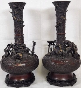 MONUMENTAL ANTIQUE 18TH CENTURY 1 0F A KIND JAPANESE BRONZE TEMPLE VASE PAIR - Picture 1 of 24