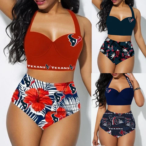 Houston Texans 2PCS  Women's Floral Bikini Butt Lift Swimsuit Bathing Suit Cover