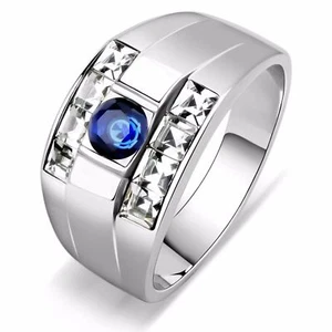 5x5mm Round Blue CZ Two Row Princess CZ Side Mens Stainless Steel Wedding Ring - Picture 1 of 4