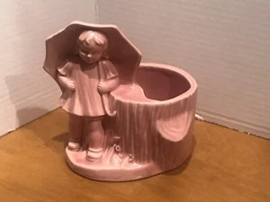 Vintage Pink Cameron Clay Planter - Girl With Umbrella - Picture 1 of 9