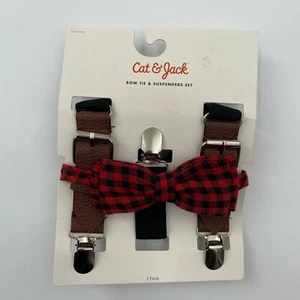 Cat & Jack Boy's Bow Tie + Suspenders Set Red Buffalo Plaid - One Size Fits Most - Picture 1 of 2