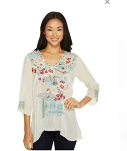 Johnny Was Freya Rayon Floral Embroidered 3/4 Sleeve Blouse Blue/White - Picture 1 of 8