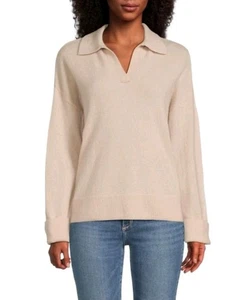 Saks Fifth Ave anthrazit beige Kaschmir Johnny Kragen Langarm Pullover Gr. XL - Bild 1 von 8