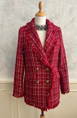 BOOHOO Red Gold Check Rough Seam Tweed Style Double Breasted Blazer Jacket 6 - Image 1 of 4