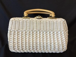 VTG 60s Simon White Vinyl Straw Woven Purse Handbag Turn Lock Lucite 11”W - Bild 1 von 14