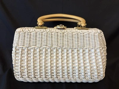 VTG 60s Simon White Vinyl Straw Woven Purse Handbag Turn Lock Lucite 11”W - Image 1 of 4