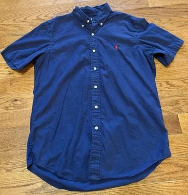 Polo Ralph Lauren Mens Short Sleeve Dress Shirt Medium Navy Blue Cotton Silk - Image 1 of 4