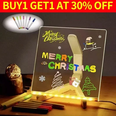 LED Acrylic Message Board Night Light Colorful Pens Erasable Drawing Writing Toy - Image 1 of 4