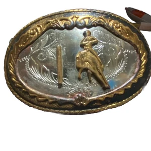 German Silver Pole Bending Rodeo Western Horse 70s Vintage Belt Buckle - Picture 1 of 2