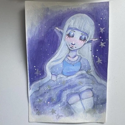 Celestial Elf Star Fantasy Painting On 6x9 Watercolor Paper - Image 1 of 4