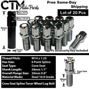 20x BMW Mini Chrome 14x1.25 Spline Tuner Lug Bolts 28mm Shank Fit F-Body G-Body - Picture 1 of 6