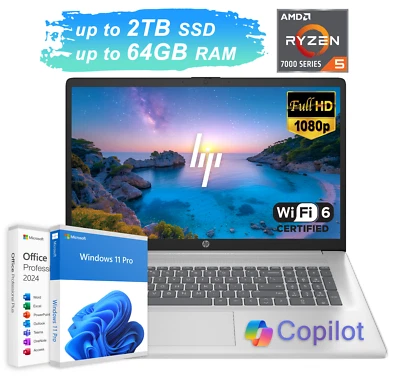 2025 HP Laptop Computer 17.3 FHD 6-Core Ryzen 5 Upto 64GB RAM & 2TB SSD Win Pro - Image 1 of 4