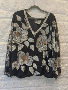 Sho Max Originals glamouröses Damentop Pailletten reine Seide schwarz silber Größe 1 X Vintage - Bild 1 von 12