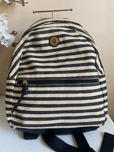 Tommy Hilfiger Backpack Canvas Striped Black White Medium - Picture 1 of 7