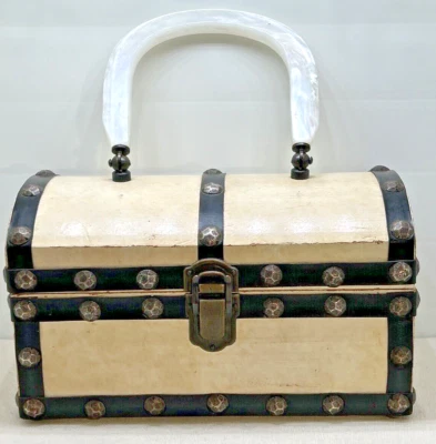 1968 Vintage Royal London Wood Treasure Chest Studded Handbag Case Off White VTG - Image 1 of 4