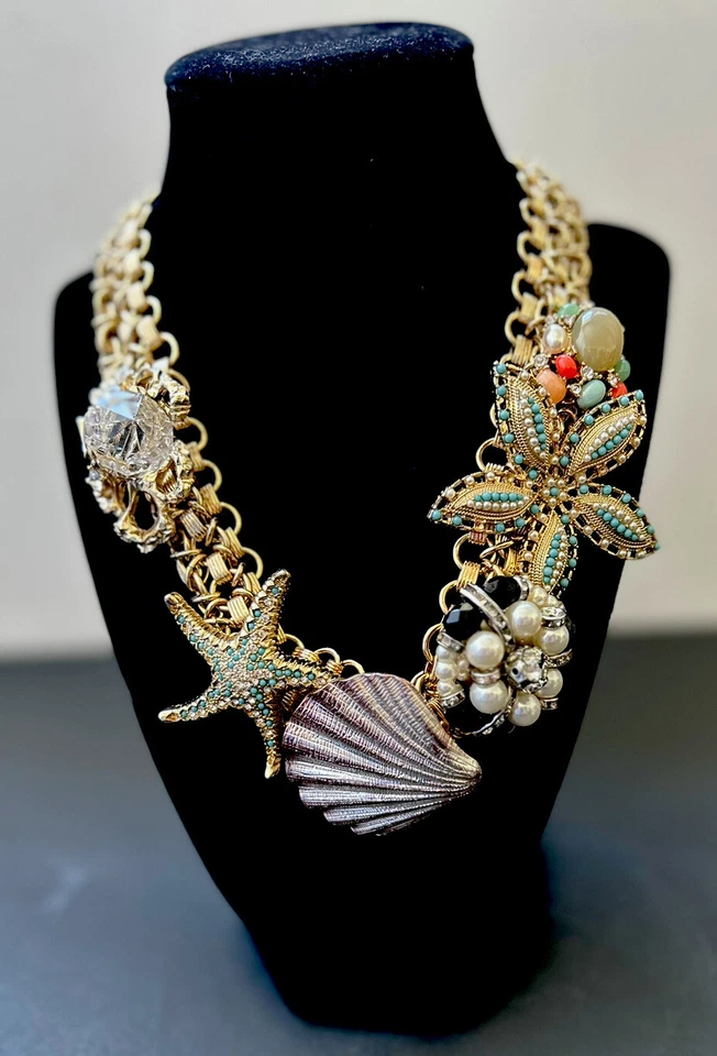 Gold Tone Nautical Beach Statement Necklace Pearls Beads Starfish Crystal Charms - Image 1 of 4