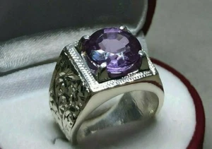 Round Cut Rare Alexandrite Mens Carved Ring Sterling Silver 925 Handmade Ring - Picture 1 of 12