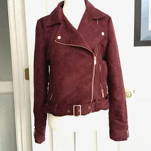 Burgundy Red Moto Biker Jacket Faux Suede Belted Women 8 LC Lauren Conrad - Picture 1 of 14