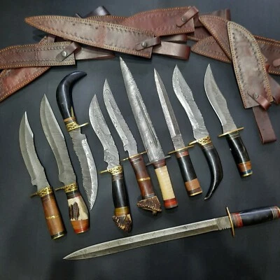 LOT OF 10 CUSTOM HANDMADE DAMASCUS HUNTING BOWIE KNIVES WITH LEATHER SHEATH - Image 1 of 4