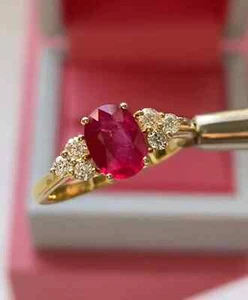 Oval Cut 2.54 Ct Natural Red Ruby Diamond Wedding Ring 14K Solid Yellow Gold - Picture 1 of 9
