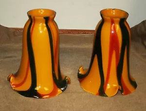 Pair of Thick Hand Made Mouth Blown Glass Tulip Shades Orange Mixed - Picture 1 of 5