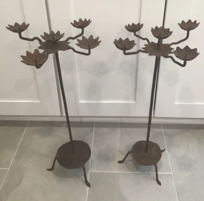 ANTIQUE 21" PAIR  WROUGHT IRON MEDIEVAL FORGED 5 CANDLE CANDELABRA - Image 1 of 4