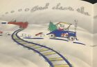 Carte de vœux de Noël vintage Père Noël dans voiture antique train pistes barres