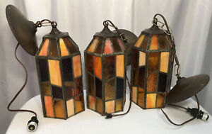 Vintage slag glass pendant light fixtures (3) lantern style 11” tall 6” diameter