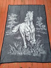 Vintage Biederlack Blanket Bronco Horse Run Reversible 55” x 78”  Black Gray Whi