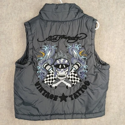 Chaleco acolchado Ed Hardy juvenil tatuaje acolchado calavera a cuadros bandera chaleco talla 6/7 Foto 1 de 4
