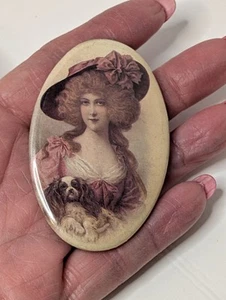 Antique Pocket Mirror Clororized Victorian Lady w/ Dog Personal Portrait - Picture 1 of 6