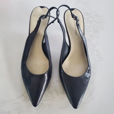 Sapato Slingback Via Spiga Couro Preto Salto Gatinho 9,5M - Imagem 1 de 4
