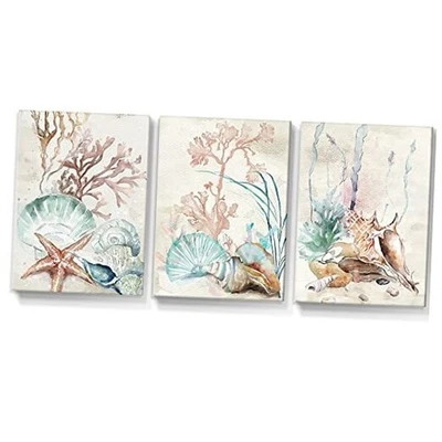  Cuadro caracola coral estrella de mar concha arte de pared lienzo costero pinturas  Foto 1 de 4