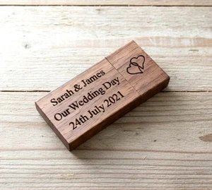 Personalised Engraved Wood USB 16GB Memory Stick Drive Wedding Photos Gift - Picture 1 of 6