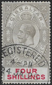 GIBRALTAR 1921-27. 4/- SCHWARZ UND KARMIN FEIN GEBRAUCHT. sg. 100. (D948) - Bild 1 von 2